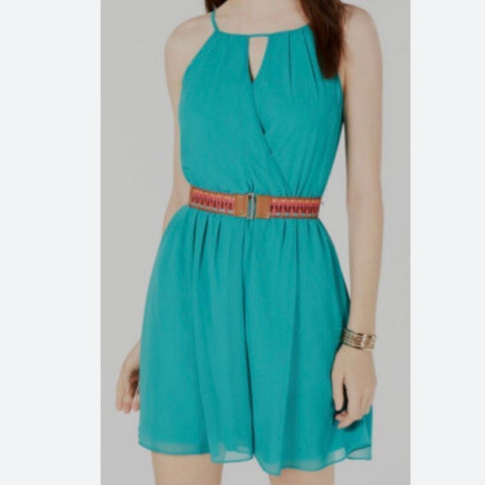 NWT BCX Juniors Women's blue/green Belted Pullover Chiffon Halter Fit & Flare Dr